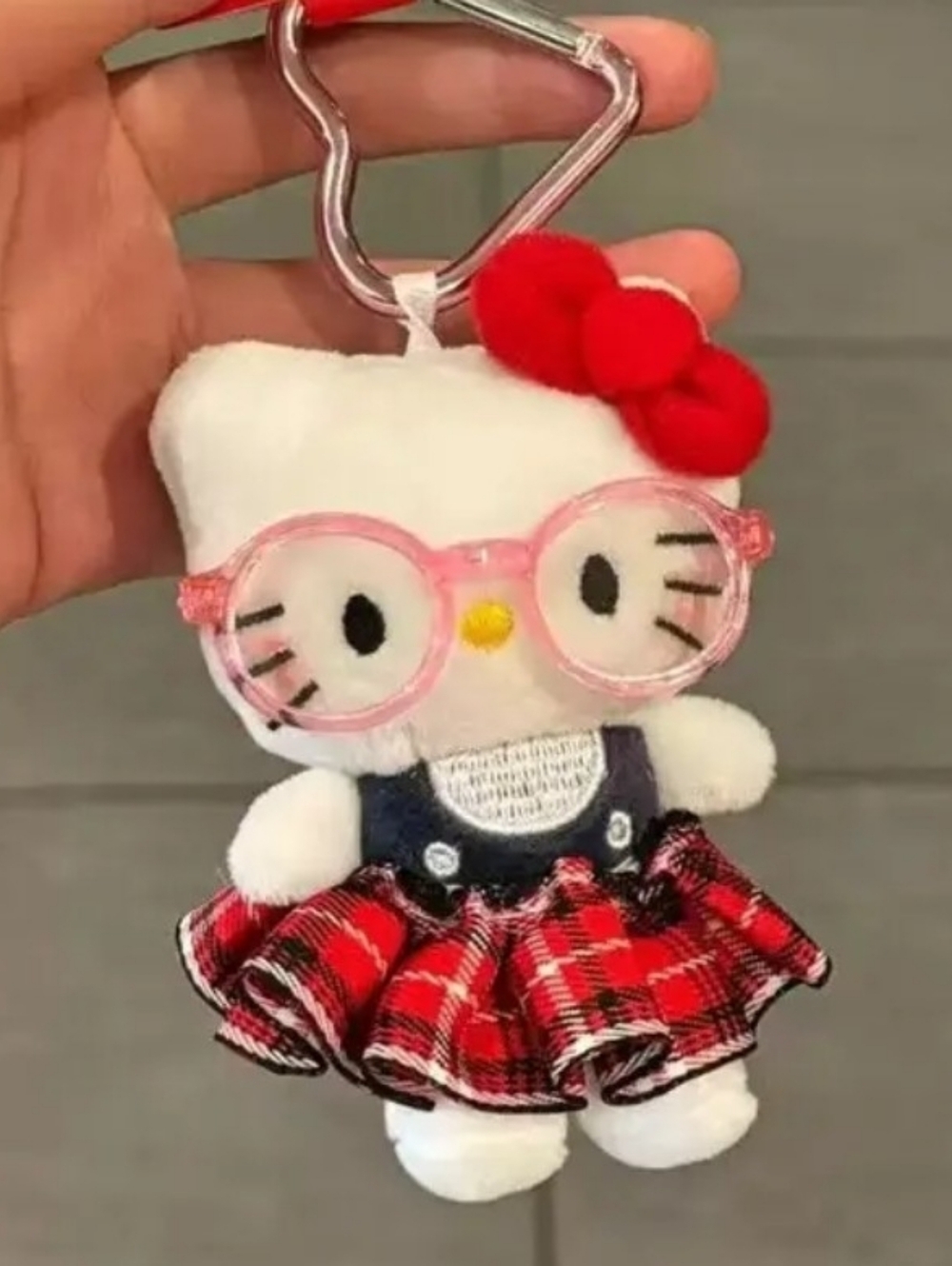 White Plush Kitty Keychain with Red Glasses & Plaid Skirt